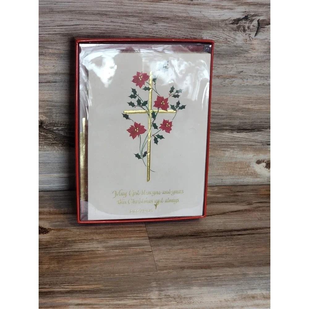 Papyrus Embossed Gold Floral Cross Christmas Card Set Envelopes Gold Stickers 14